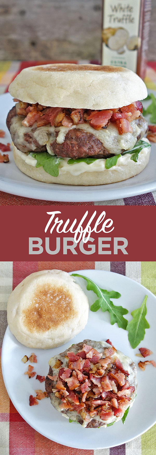 The truffle burger features the delicious flavor of truffle aioli and then is topped off with some diced bacon and onion.